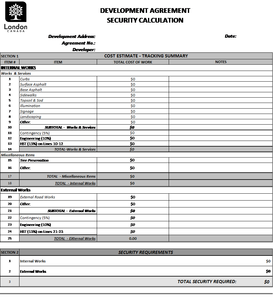 Development Agreement Security Calculation