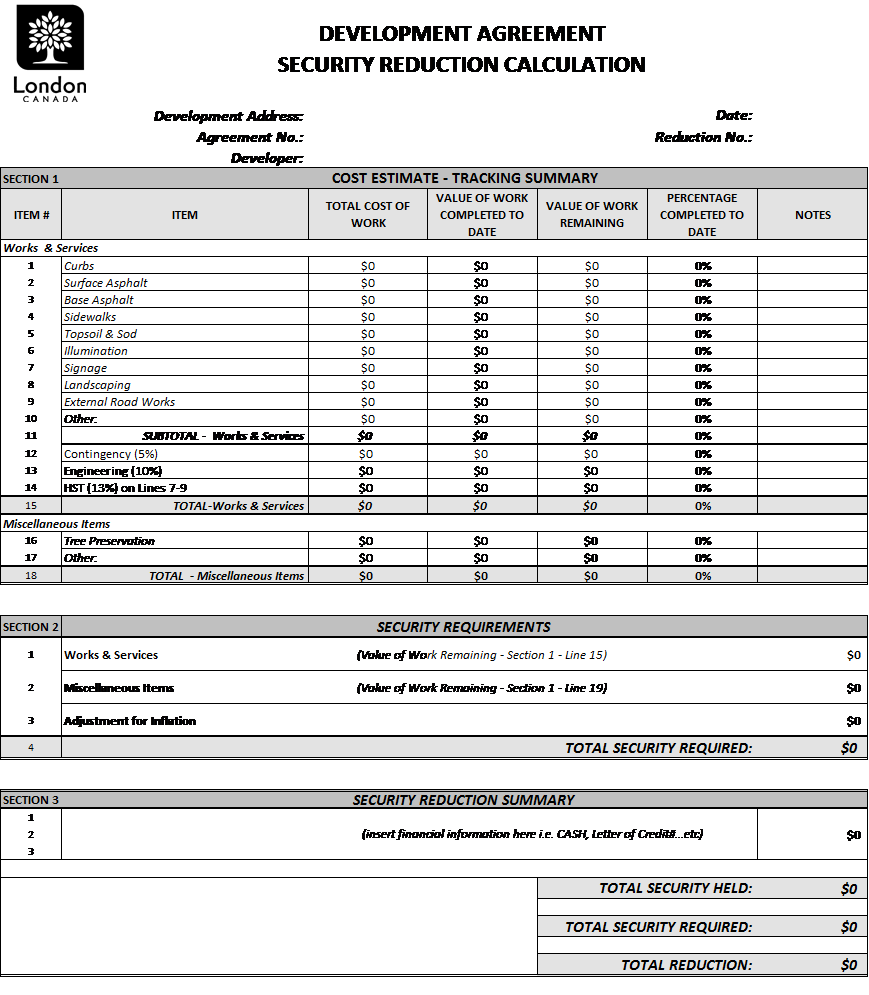 Development Agreement Security Reduction Calculation