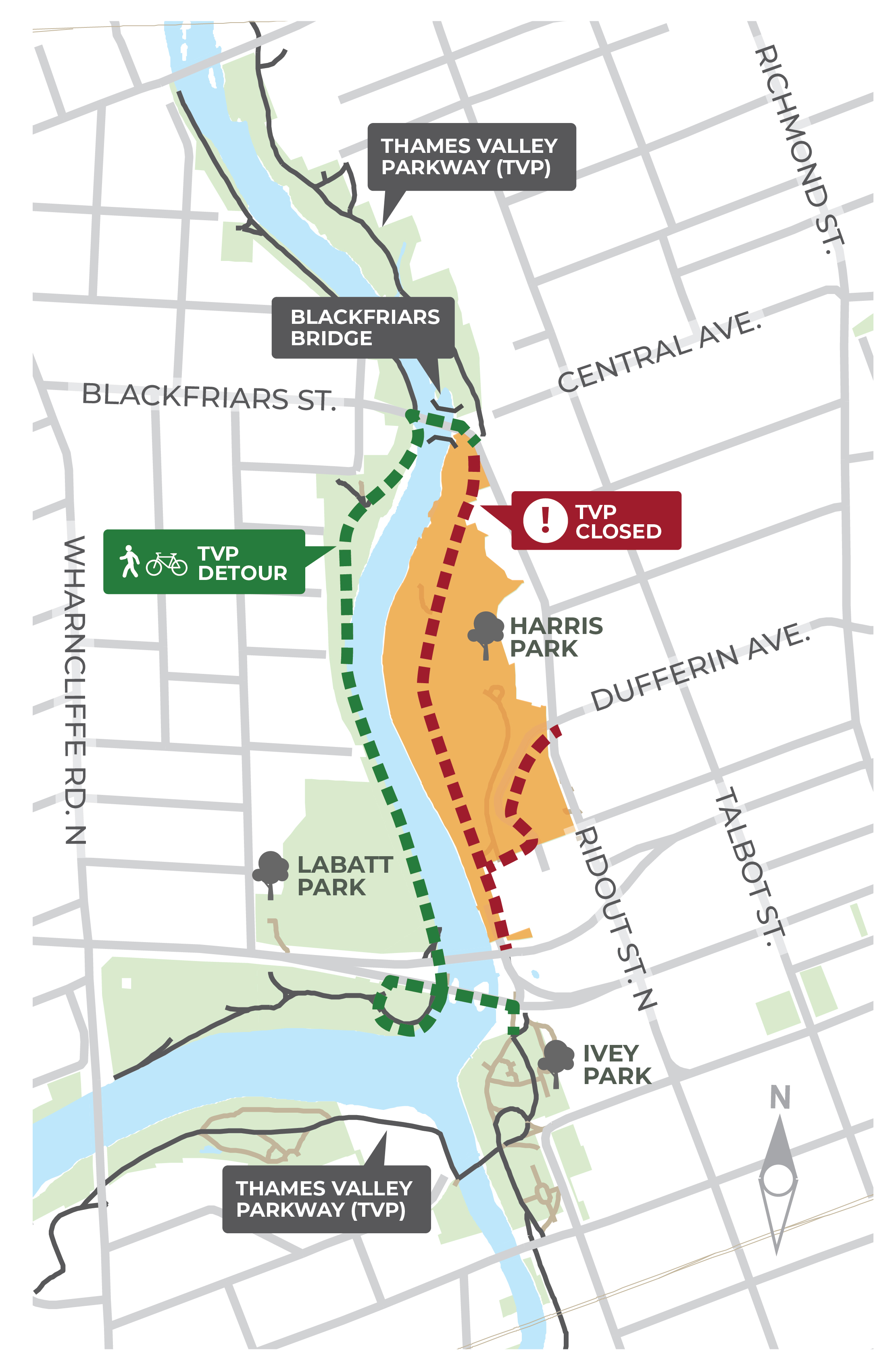 A map shows orange over Harris Park to note its closures and a dotted red line for the TVP closures and a dotted green line shows the TVP detour over Blackfriars Bridge.