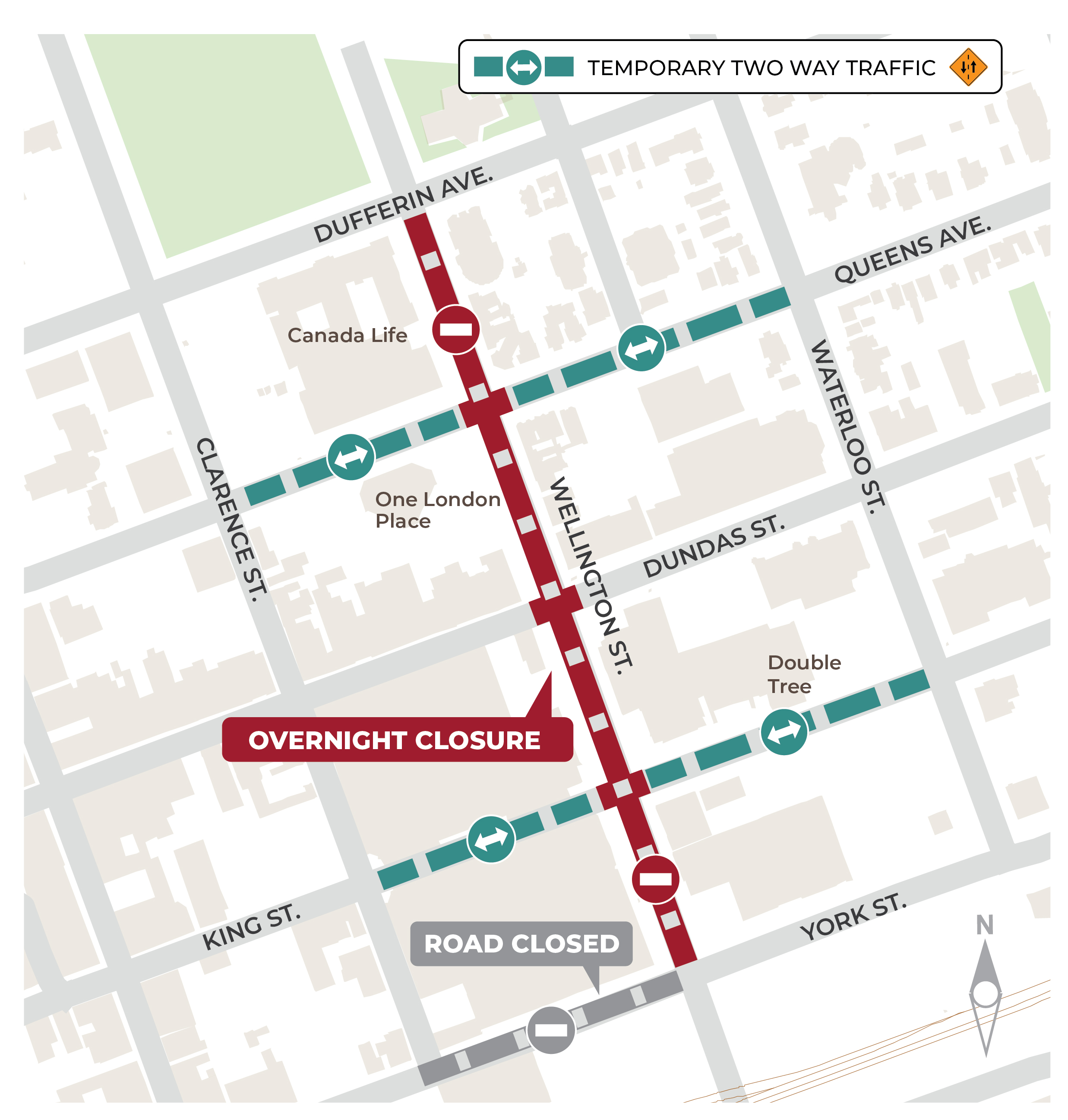 A map of upcoming temporary road restrictions on Wellington Street for finishing work and surface paving. 