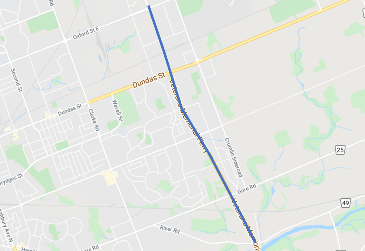 A blue line shows where traffic will be reduced to one lane between Oxford Street East and River Road in London, Ontario during fall grass cutting and maintenance work on Oct. 22, 2024.